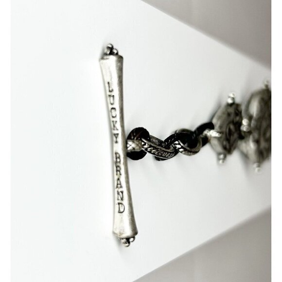 LUCKY BRAND Silver Tone Brass Wood Glass Peace Sign Cabochon 7" Toggle Bracelet - Picture 5 of 5